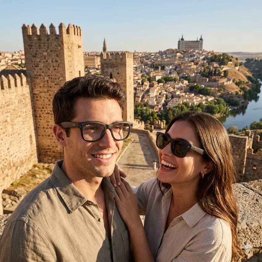 Dos personas con gafas Ray-Ban Meta con una vista de Toledo al fondo, imagen de &Oacute;ptica Zocovisi&oacute;n.