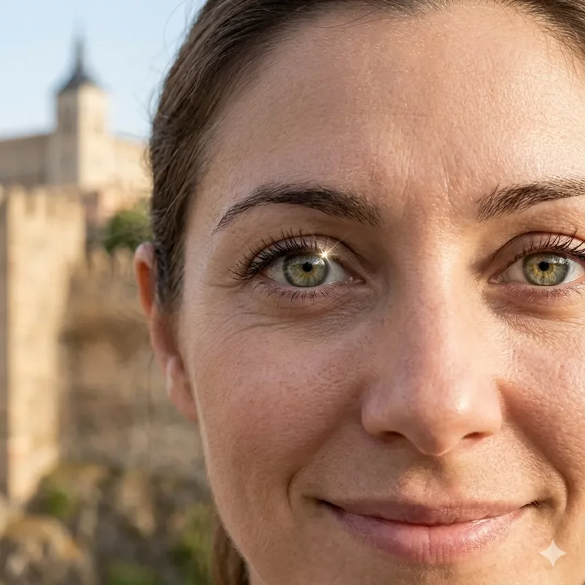 Mujer con lentillas graduadas en primer plano, imagen relacionada con adaptaci&oacute;n personalizada y comodidad visual en &Oacute;ptica Zocovisi&oacute;n, en Toledo.