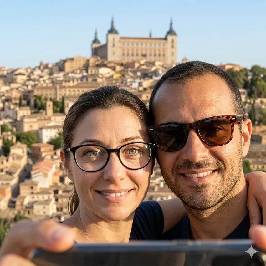 Dos personas con gafas disfrutando de una vista de Toledo, imagen asociada a soluciones visuales c&oacute;modas como las lentes progresivas.
