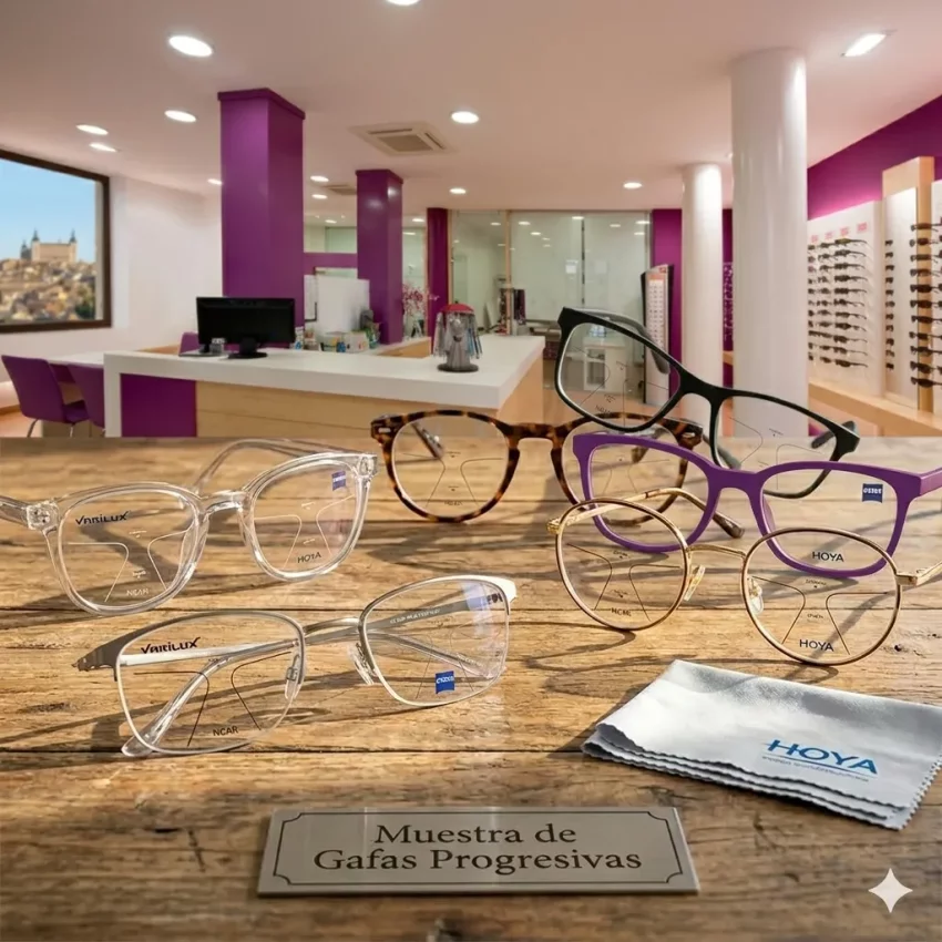 Muestrario de monturas en la tienda de &Oacute;ptica Zocovisi&oacute;n, en Toledo, para elegir gafas adaptadas a lentes progresivas.